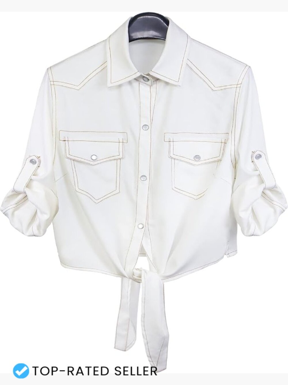 White Cropped Denim Button Down Shirt 3/4 Sleeve Tie Front Knot Casual Summer